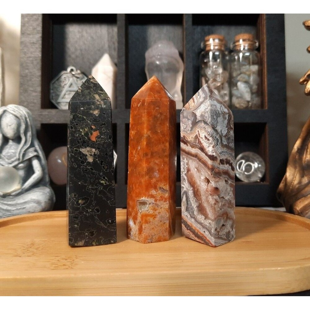 Set of 3 Polished Crystal Points - Orange, Gray, Black